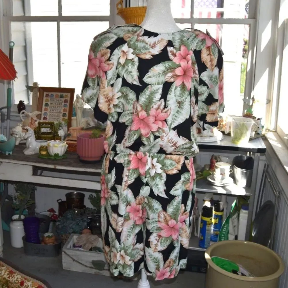 Vintage 90s Jessica Howard Tropical Rayon Dress XL 16 Hawaiian Floral USA
